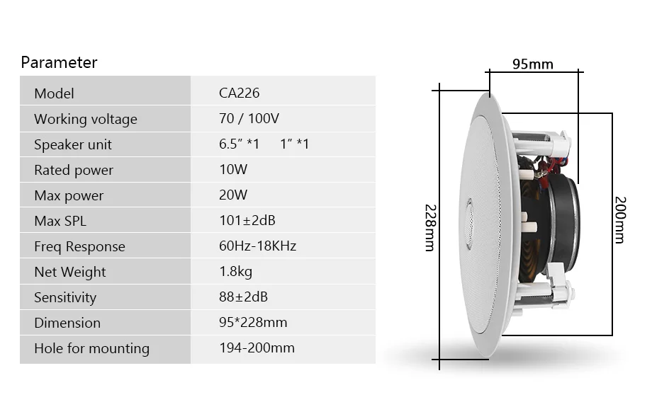 Акустическая система в потолочном динамике хорошее качество звука CA226 20 Вт