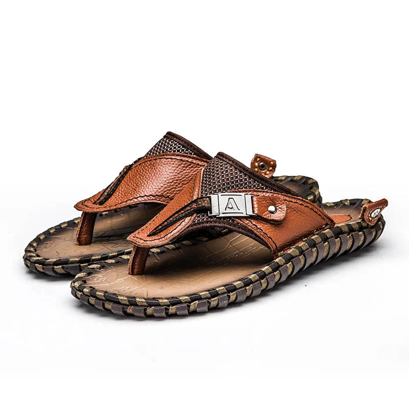 

Cow Genuine Leather Mens Casual Shoes Walking Sneakers Summer Male Beach Flip Flops Shoes Indoor Outdoor Footwear Flat Sandals