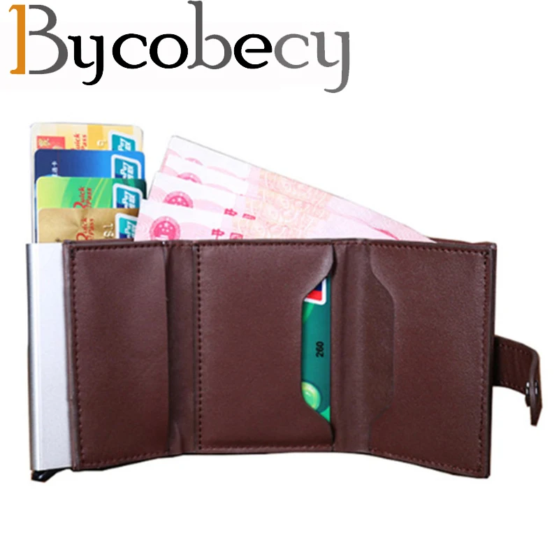 

Bycobecy RFID Business ID Cardholder Slim Card Case Mini Wallet Blocking Genuine Leather Credit Card Holder Aluminum Metal