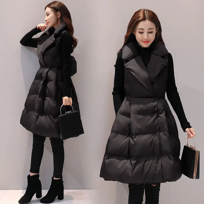 

HANZANGL Down cotton vest women high quality winter vest medium long fashion bow thick warm female cotton vest outerwear