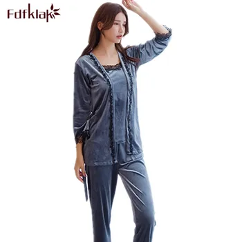 

Fdfklak Sexy 3 pieces set women autumn winter pyjamas suit long sleeve gold velvet pijamas sets lace ladies nightwear pajamas