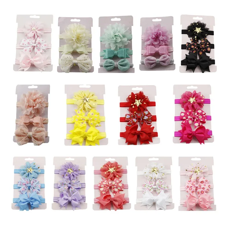 

Baby Girls Cute 3Pcs Kids Elastic Flower Bowknot Headband Fashion Kawaii Brief Cloth Solid For Hair Turban Headwear Set Beauty