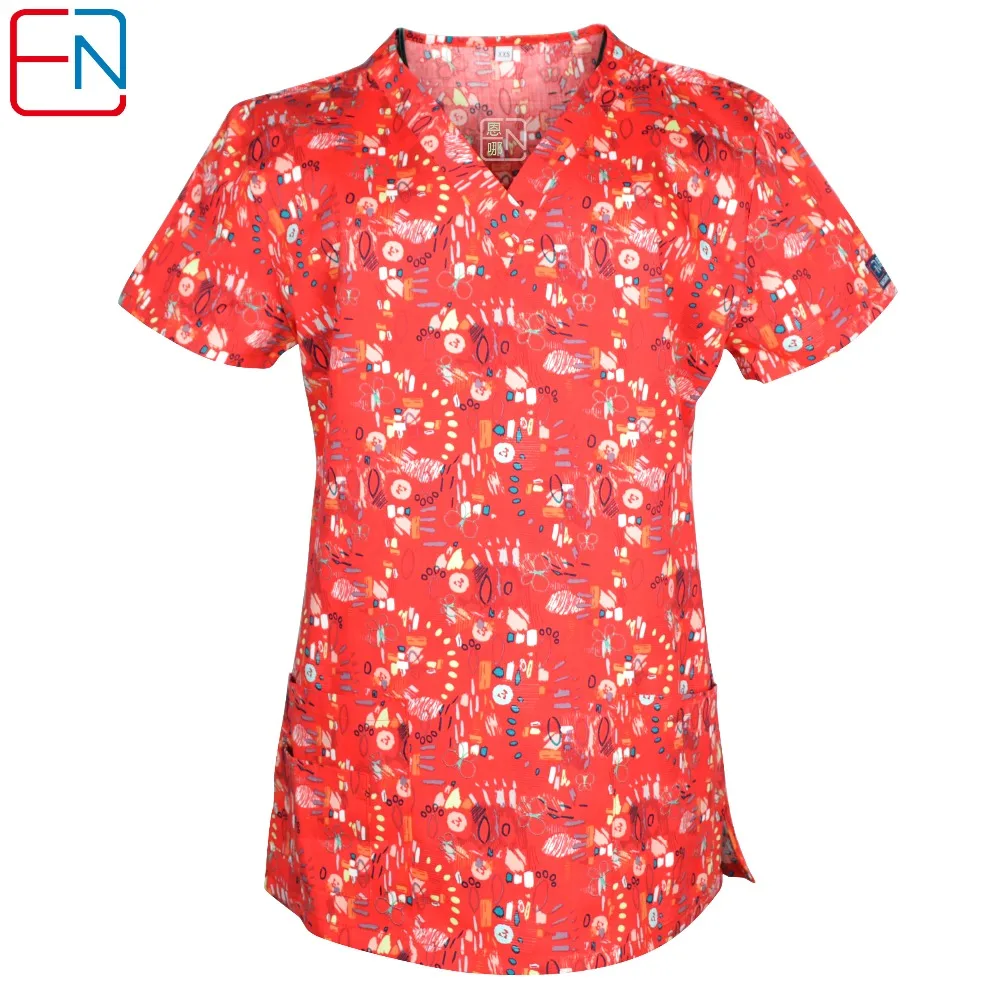 Hennar Short Sleeves Women Medical Uniforms Red Print Cotton Clinical