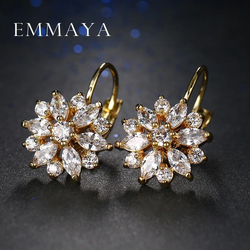 

Hot Trendy Luxury Crystal Flower Stud Earrings For Women New Fashion Elegant Gold Plated Zircon Earrings