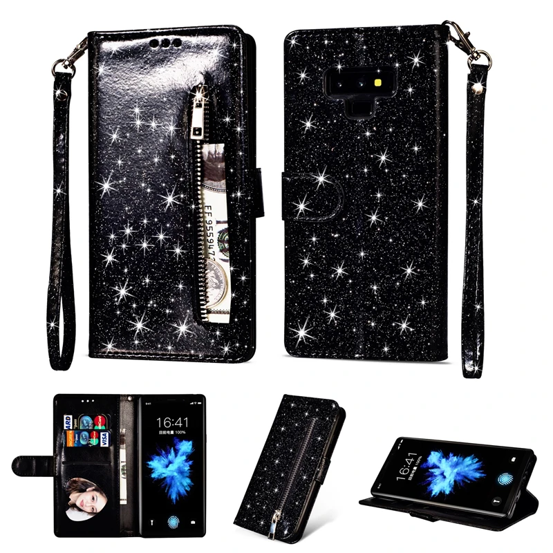 

Glitter Wallet Case For Samsung S6 S7 S8 S9 Plus Edge Note 8 9 cases Zipper Book Bling Flip Cover Purse Phone Shell for A5 A6 A7