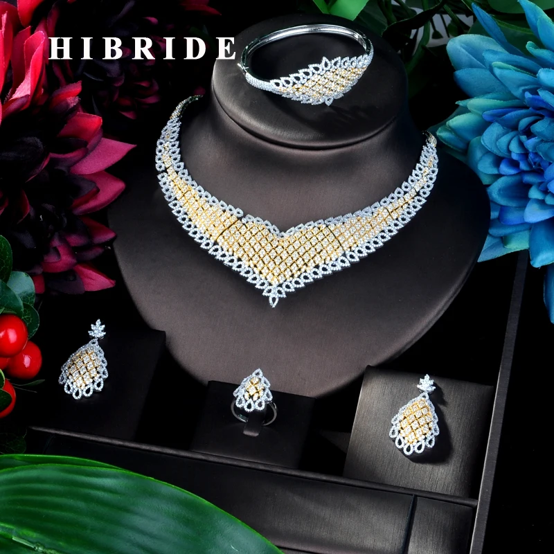

HIBRIDE Fashion Women Pendant Double Tone Bangle Jewelry Set CZ Earrings Necklace Women Bridal Jewelry Set Party Gifts N-911