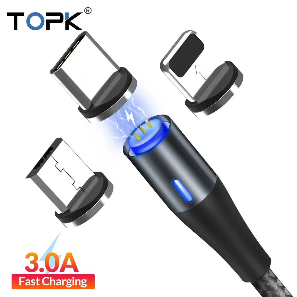 

TOPK 1M 3A Magnetic USB Cable Fast Data Charging Cable for iPhone Xs Max Magnet Charger Micro USB Type C Cable for Samsung S10