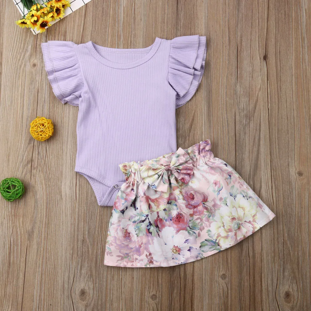 

2pc Toddler Girls Baby Clothing Ruffles Romper Tops Bow Floral Skirt Casual Outfits Set Newborn Clothes