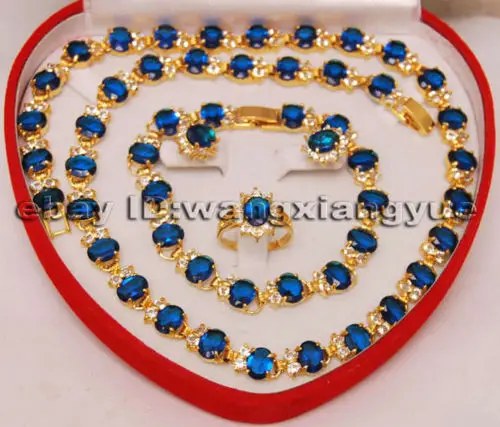

hot sell new - shipping Fashion Blue Zircon Inlay Link Bracelet earrings Ring Necklace Set (A0425)