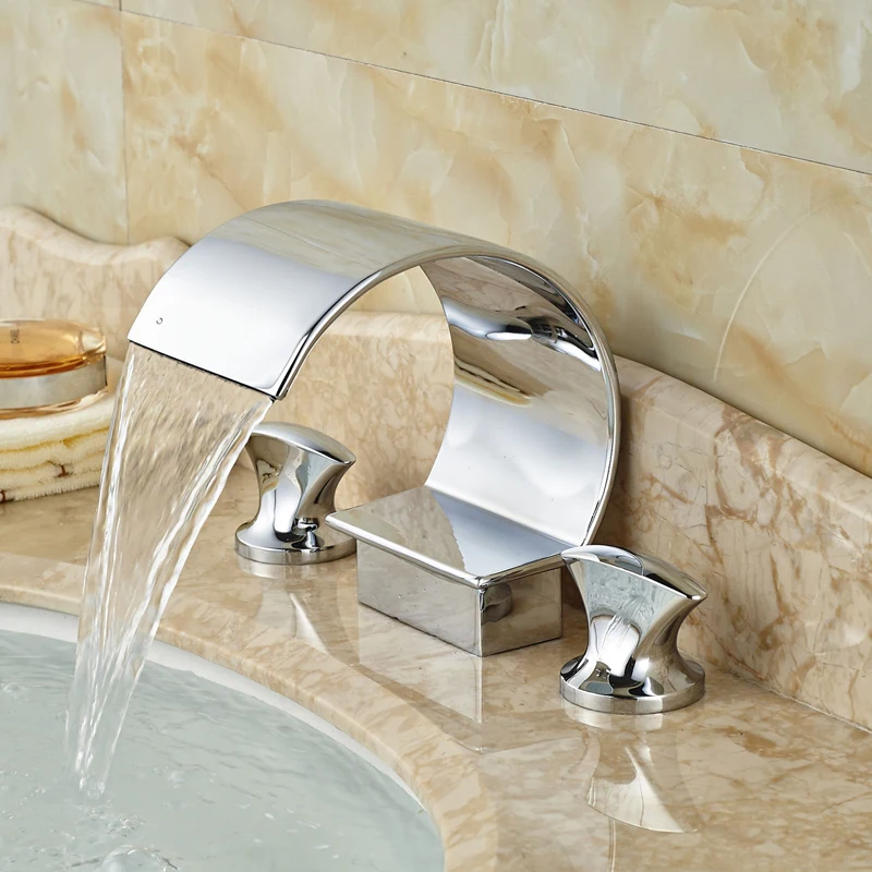 

Deck Mounted 3 Holes Waterfall Basin Faucet Widespread Two Knobs Basin Mixer Tap Chrome