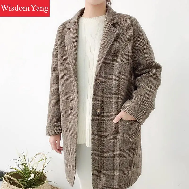 Femmes Café De Plaid Chaud Bureau Coat Laine D'hiver Beige Survêtement Costume Coat Dames Élégantes Manteaux Pardessus coffee Travail Manteau Oversize Moutons r7zwEqrtx
