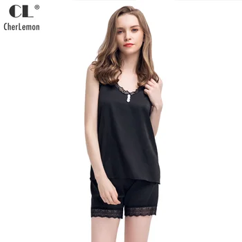 

CherLemon Women Two-Piece Satin Lace Pajama Sets Summer Sexy Camisole Shorts Slip Nighty Sleepwear M-XL Black and White
