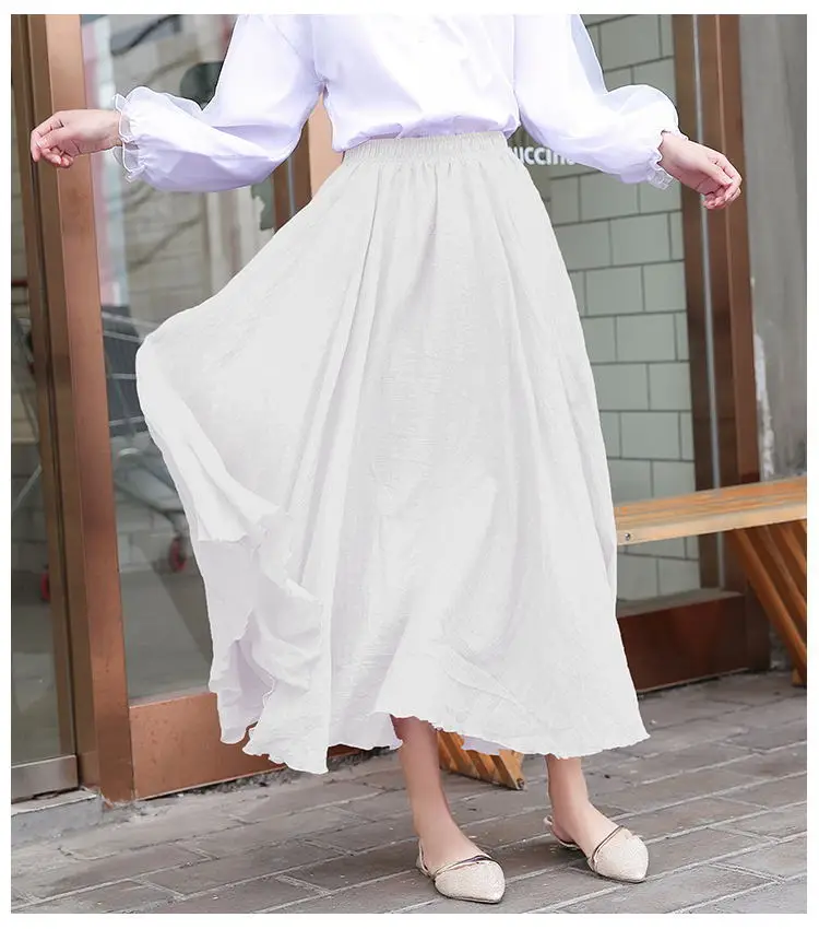 Макси юбки женские летние модные однотонные эластичные Высокая талия женские Falda оборками Хлопок Лен длинная юбка faldas mujer moda - Цвет: White