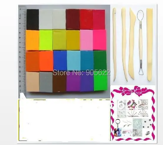 

Fimo effect clay,Polymer clay Set,24pcs of 24 colour clay +Wooden tools+DIY accessory,size 4*3*1cm 20g/pc,total 504g