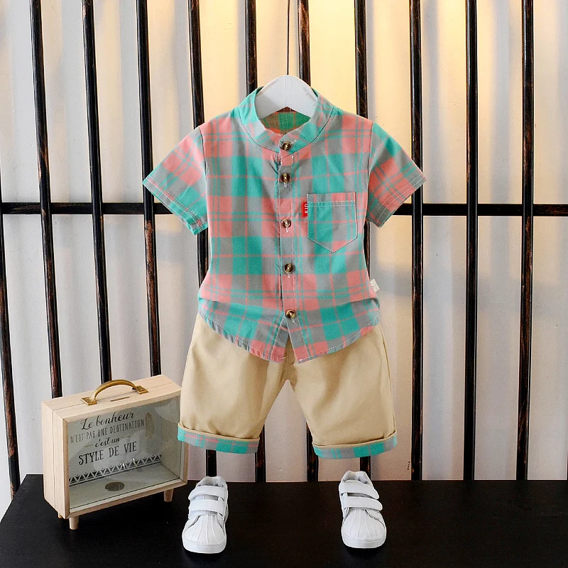 

IENENS Summer Baby Boys Plaid Shirts + Pants Suits Toddler Boy Clothing Sets Kids Children Clothes Outfits Suit