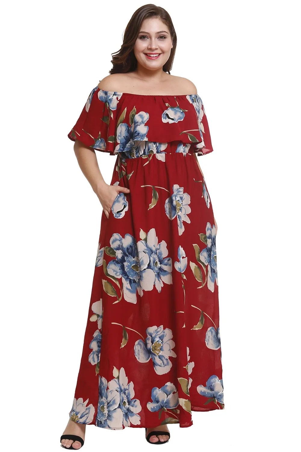 Gladiolus Sexy Off Shoulder Ruffles Women Slash Neck Floral Print Pocket Summer Maxi Dress Casual Plus Size Robe Femme Ete 2018 (12)