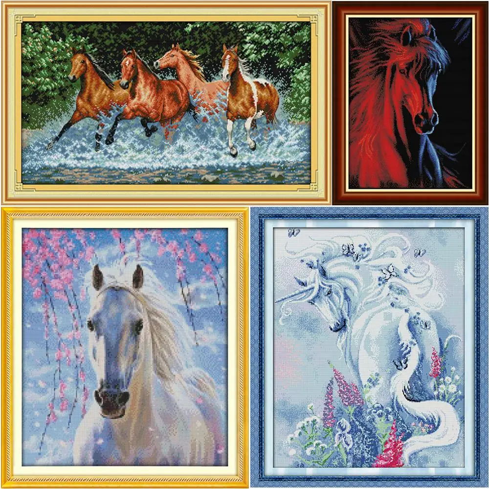 

ONEROOM Running Horses Printed Canvas DMC Counted Cross Stitch Kits Stamped Cross Stitch Pattern Cross-stitch set Embroidery