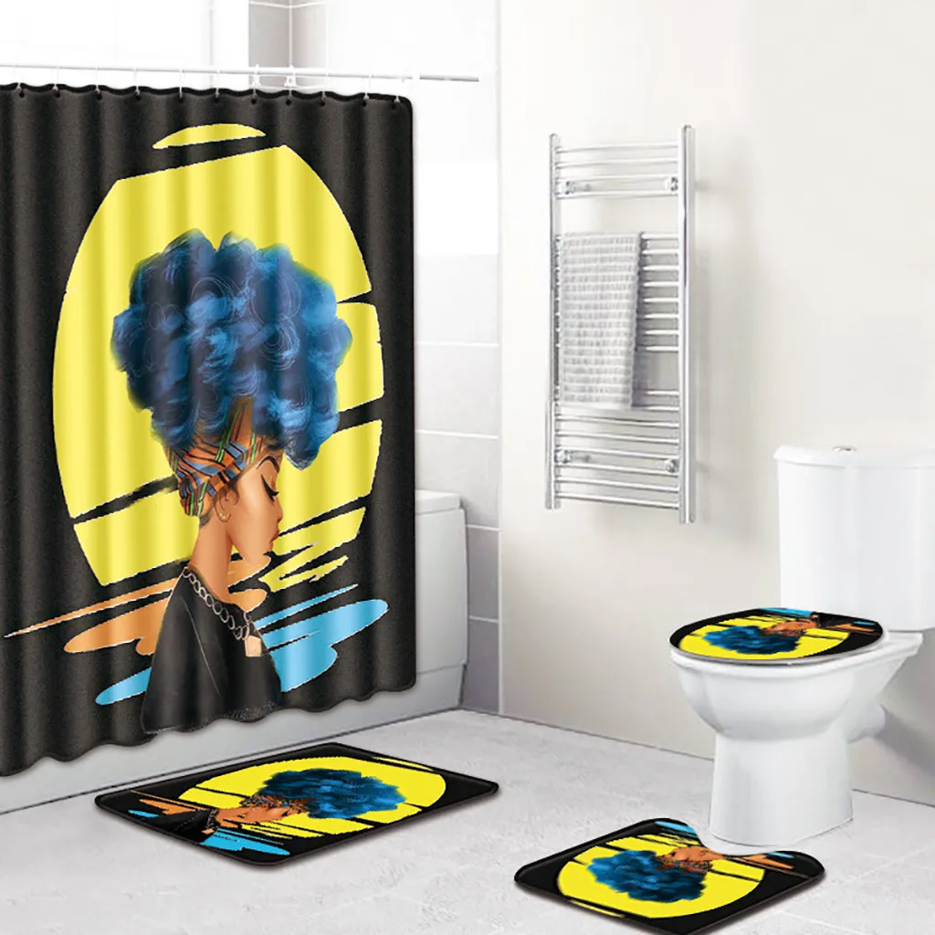 Ouneed 4PCS set Creative african girls prints Bathroom Shower Curtains set Non Slip pattern Toilet Shower curtains Cover Mat set