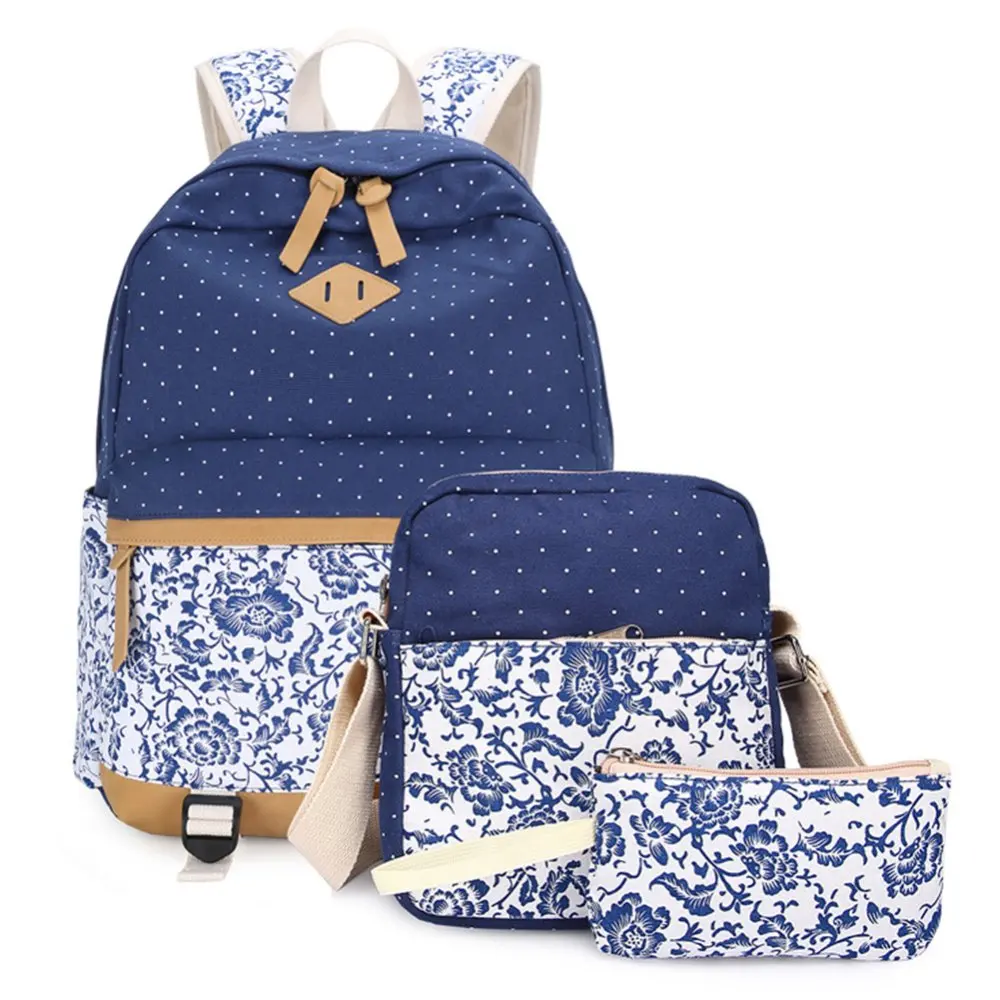 

3PCs/Sets Fashion Printing Canvas Backpack Large capacity Schoolbag The Chinese Element Blue and White Pattern Shoulder Bag
