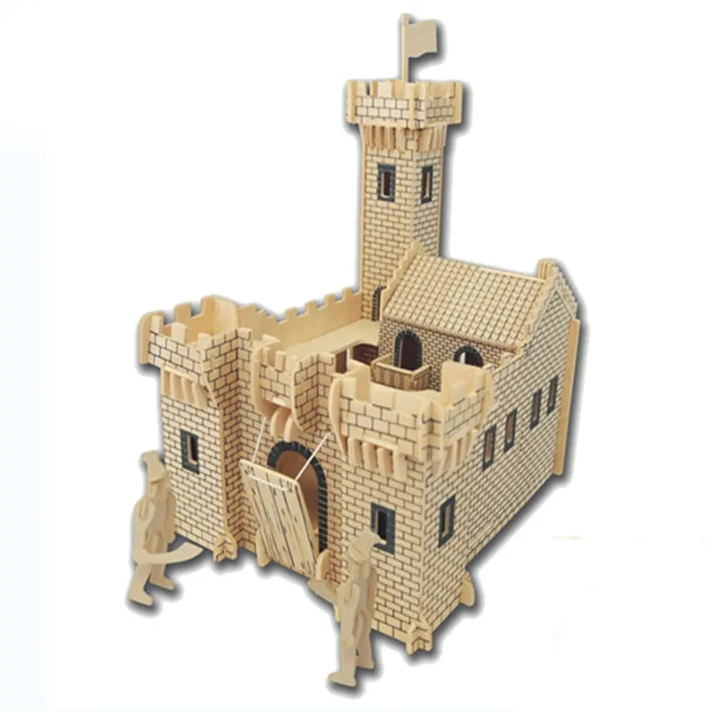 97Pcs/Set Blocks DIY Dolls House Miniatures Kit Wooden 3D Castle Model Children Kids Soldiers Castle Building Toy 21x17x26cm
