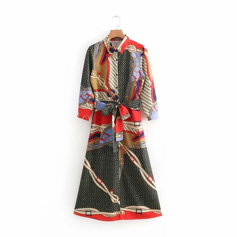 Online 2018 mujeres vintage estampado shirtdress suelta tres cuartos manga arco atado fajas vestido largo vestidos fiesta chic vestidos DS1165