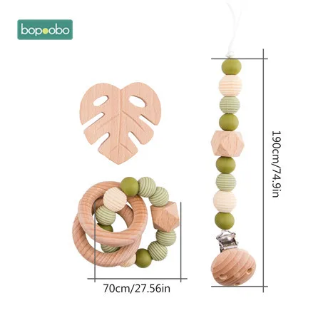 Bopoobo 3Pc/Set Silicone Beads Baby Teether Necklace Round Wooden Beads Pendant For Nursing Pacifier Chain Clips Baby Products - Цвет: Leaf set
