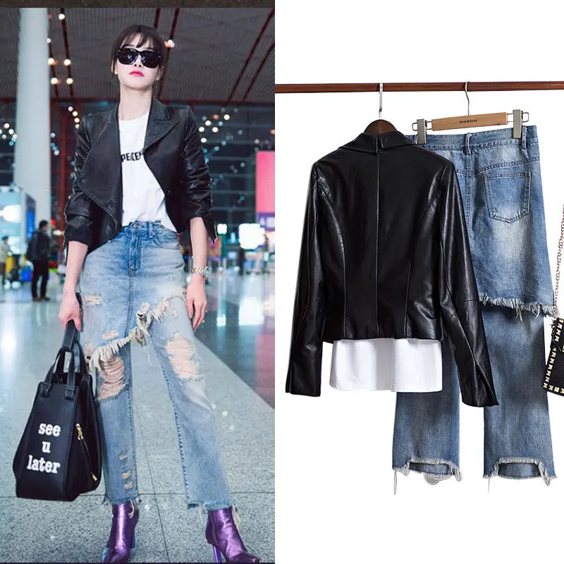 

New Spring Garment 2019 Women Clothing Song Qi Star Leather Clothes of The Same Style Women Jacket Single Button Coat Women