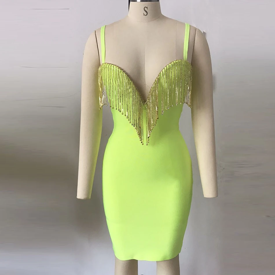 Summer New Women Fashion Sexy Bandage Dress Fluorescent Green Spaghetti Mini Dress Celebrity evening Party Vestidos