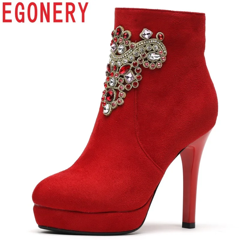 

EGONERY women shoes 2018 new fashion sexy crystal decoration super high thin heels platform zipper winter warm red ankle boots