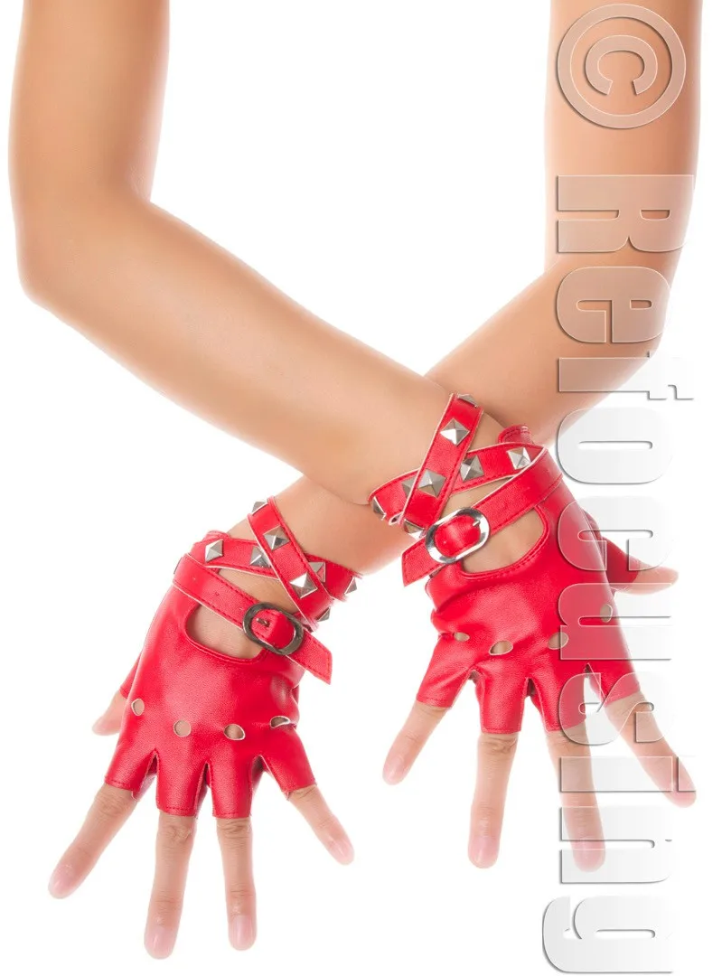 Красные искусственные кожаные перчатки без пальцев шпильки