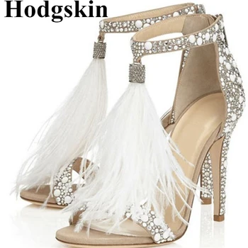 

New Feather Fringe Zipper Women's Summer Shoes Glitter Crystal Thin High Heel Sandals Women Suede Comfort Europe Style Pumps