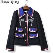 Высокое качество зима Для женщин Бисер лук твидовый пиджак пальто Casaco Винтаж отложным воротником с длинным рукавом белый Черная курточка верхняя одежда