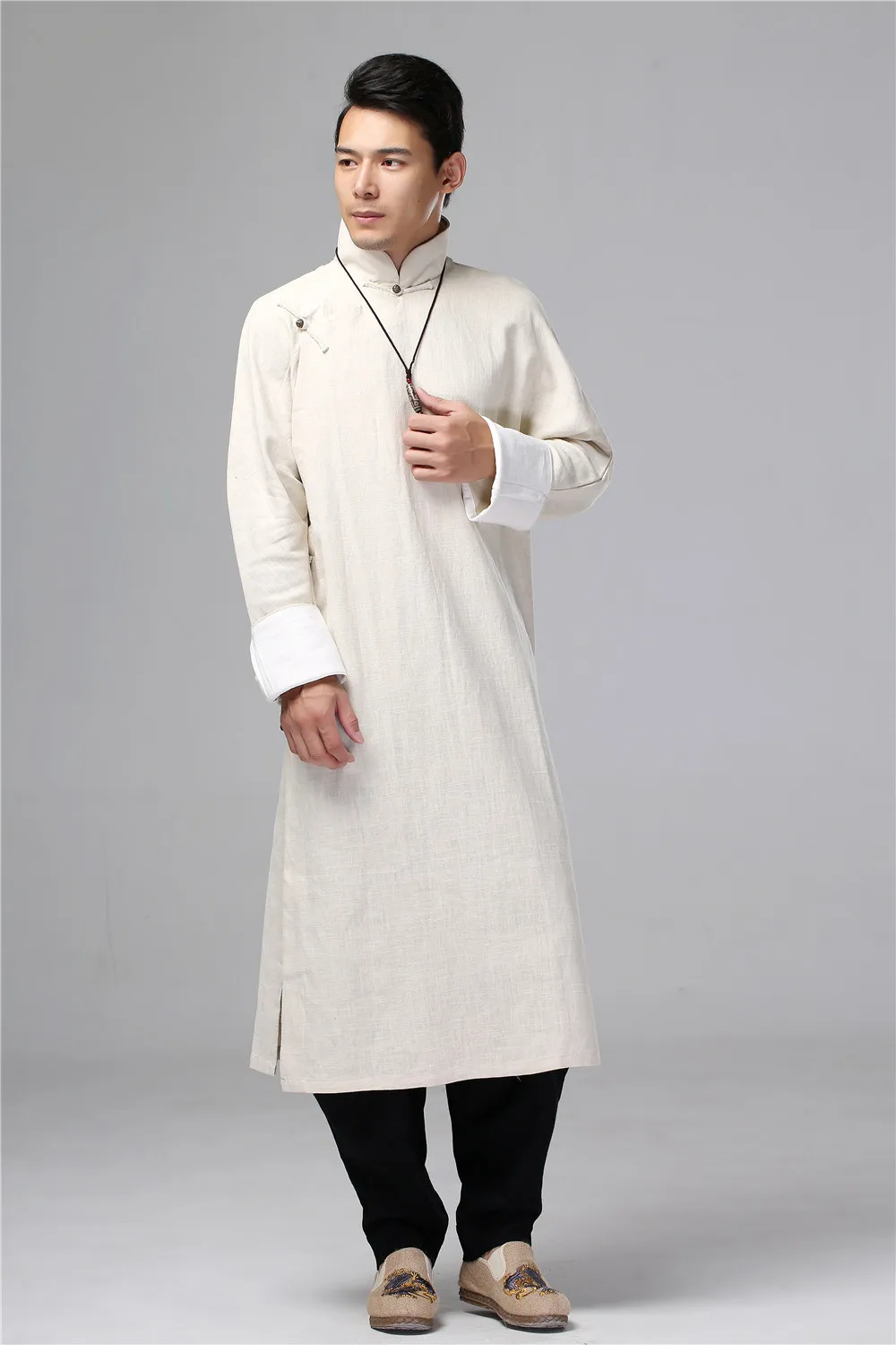 Повседневная мужская одежда в китайском стиле однотонная хлопковая льняная длинная куртка ручной дизайн Свободное пальто Мужская куртка