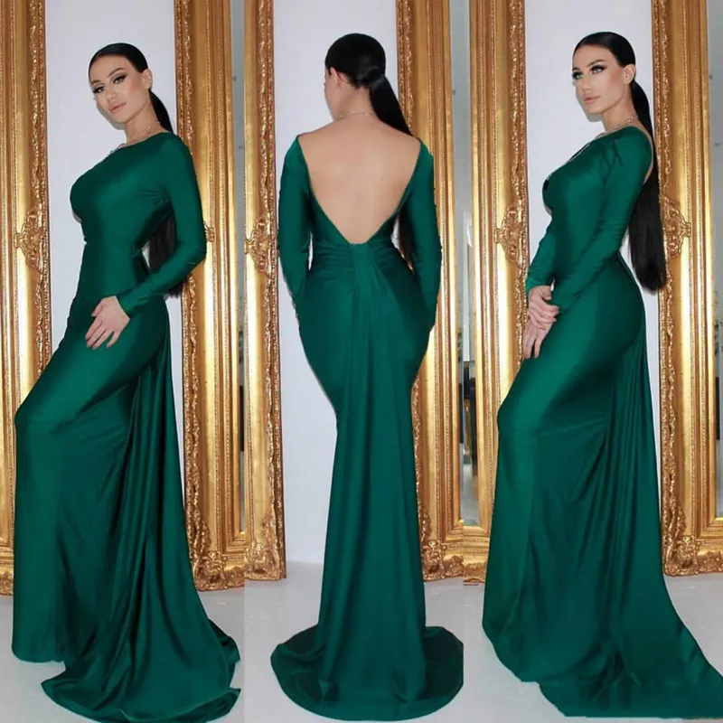 Seductive Hunter Green Long Sleeve Evening Dresses Backless Mermaid