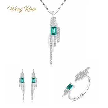 

Wong Rain Trendy 100% 925 Sterling Silver Emerald Gemstone Earrings Ring Necklace Fine Jewelry Set Gifts Wholesale Drop Shipping