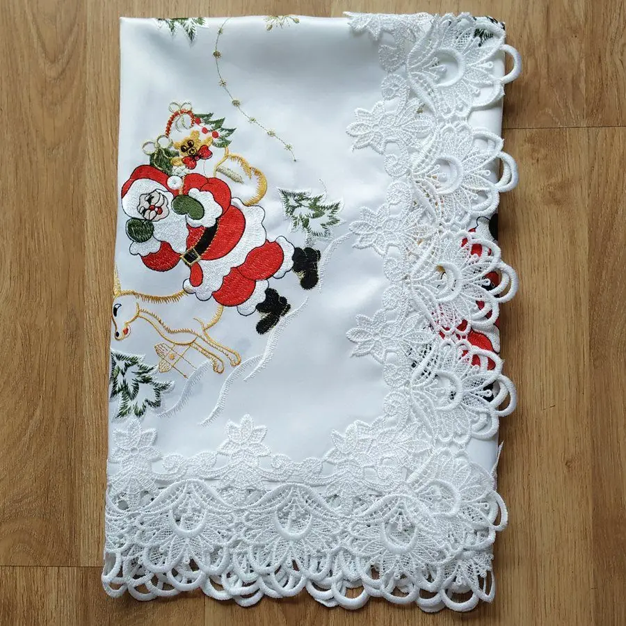 Vezon, Новое поступление, бежевая Рождественская скатерть с вышивкой, атласная вышитая Рождественская красная скатерть, кружевное полотенце, тканевые чехлы - Цвет: xm1801 white
