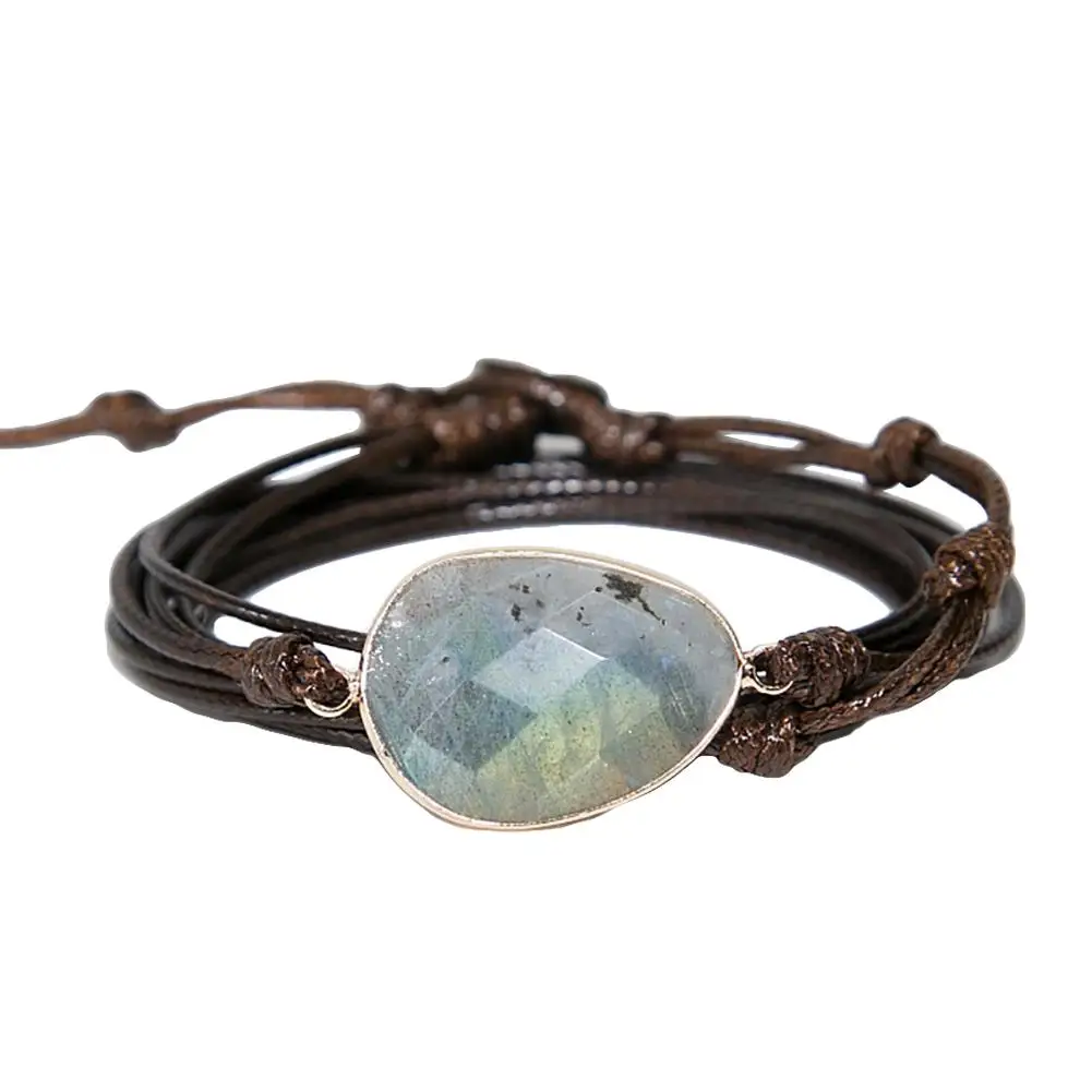 

Boho Unisex Multi Layer Knot Wax Rope Labradorite Stone Charm Handmade Bracelet New Hot