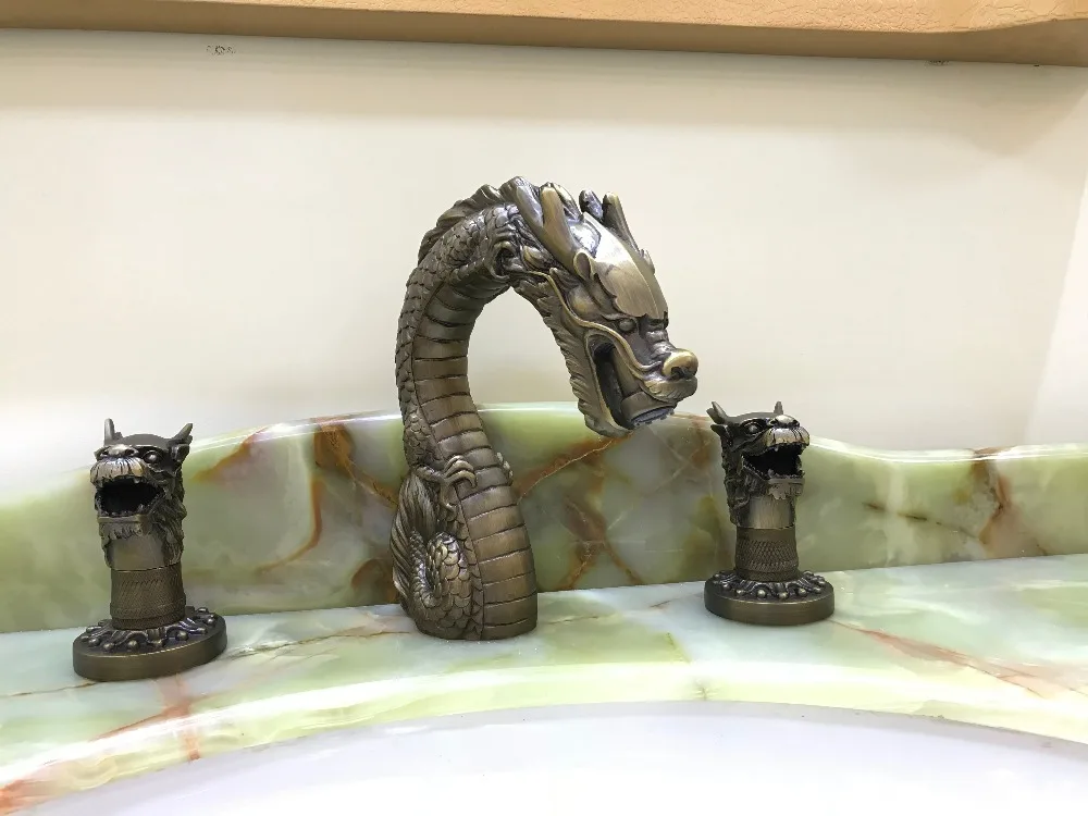

Free ship Antique bronze 8" widespread bathroom dragon lav sink Faucet mixer tap Dragon handles New deck mounted Luxurious tap