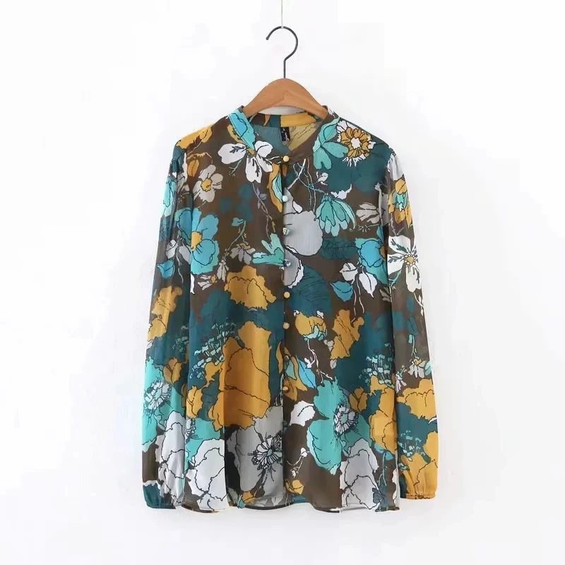 

2018 casual lady retro printed chiffon blouse fashion women long sleeve shirt autumn loose tops chemise blusas S3526