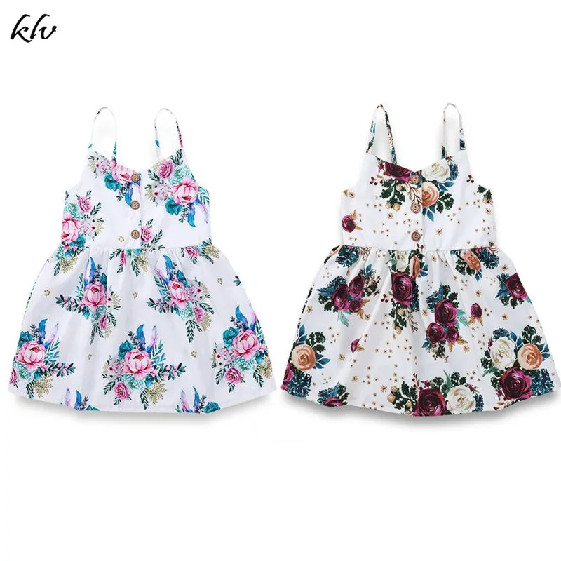 

Kids Baby Girls Dress Flower Summer Princess Dress Floral Sleeveless Strappy V-Neck Button Dress High Waist Cotton Dress