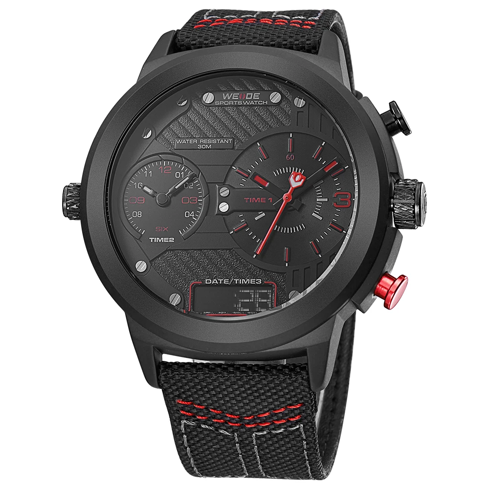 WEIDE Роскошные часы спортивные цифровые нейлоновый ремешок черный круглый большой циферблат многочасовой пояс мужские кварцевые автоматические часы водонепроницаемые аналоговые