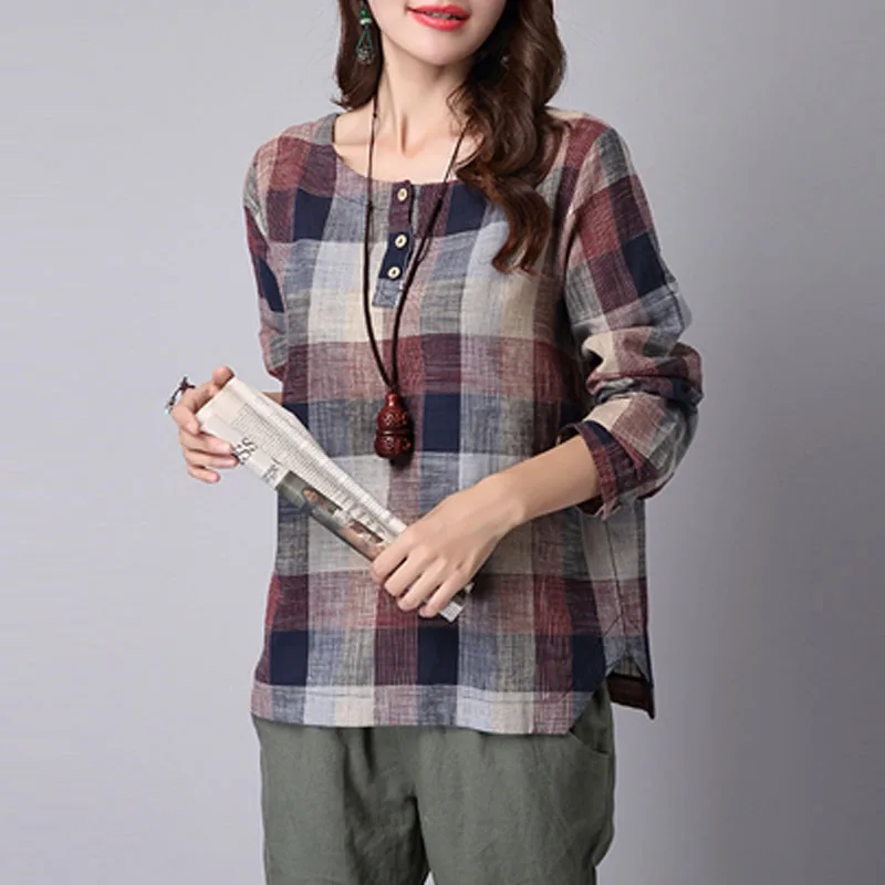 Goedkoop 2018 ZANZEA Vrouwen Lente Lange Mouwen Knoppen Tartan Overhemd Katoen linnen Vintage Plaid Check Werk Blouse Baggy Party Top Plus Size