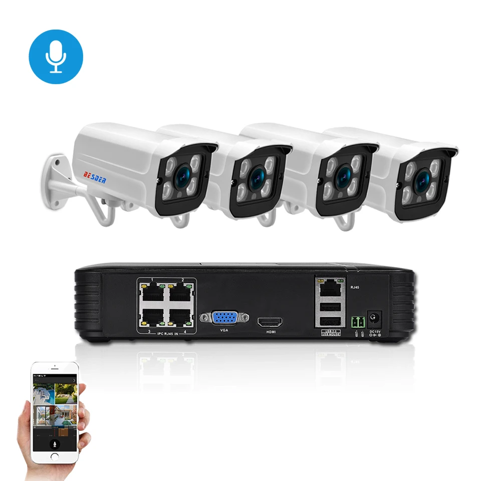 

BESDER Audio 1080P CCTV Security System With LAN Cables 1080P Indoor/Outddoor IP Camera 1080P 4CH POE15V NVR CCTV Kit P2P XMEye