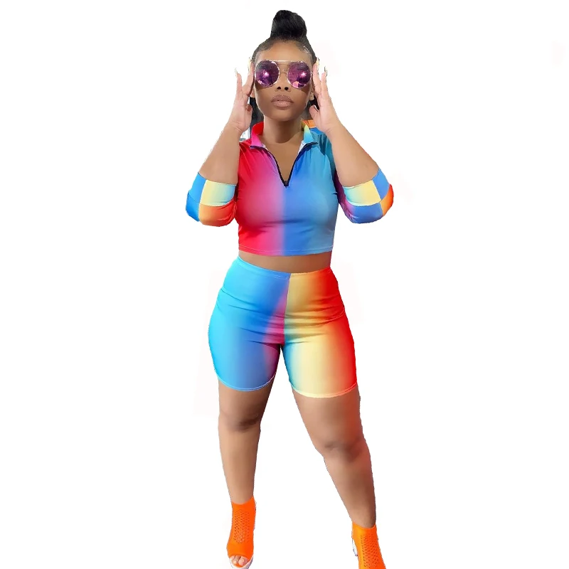 

Women Two-Piece Set Cute Digital Printing Rainbow Suits Female Crop Tops + Shorts Playsuit V Neck Mid Sleeve Summer Overalls OL