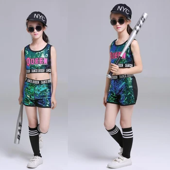 

Children Pink Costumes Private Jazz Modern Dance Performances Outfits Kids sequined ballroom dancing tops pants Girl Dance Dress