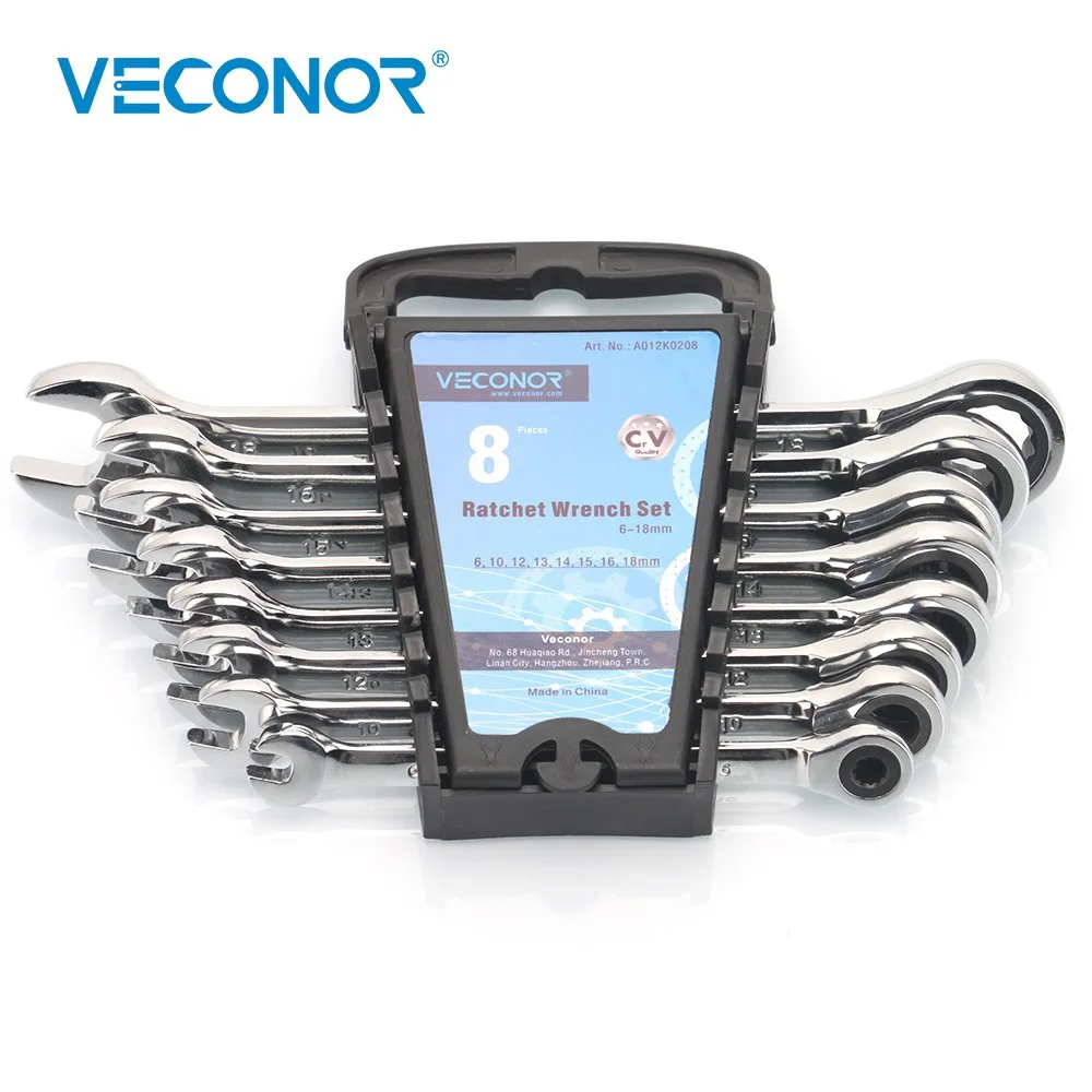

VECONOR 8 pieces full polished ratchet wrench set in plastic storage rack ratcheting gear key wrench 8-18mm
