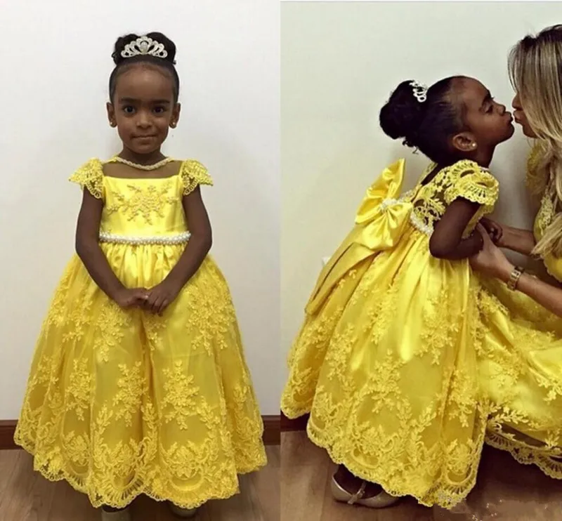 

2019 Lovely Princess Dress with Pears Belt Cap Sleeves Bow Yellow Flower Girl Dress For Special Occasion Custom Made Sheer Neck