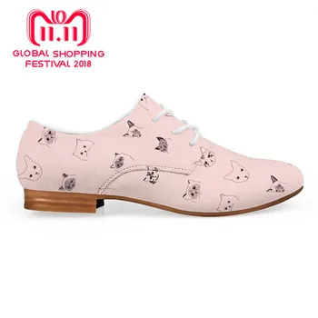 

Somali Female Business Dress shoe Cat Pattern Print Woman Casual Leather Oxfords Girls Flats Lace up Derby shoe Loafers