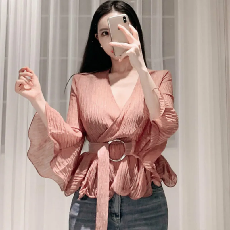 

2019 Summer Flare Sleeve Casual Cloth Women V-Neck Sashes Pink Princess Blouse Shirt