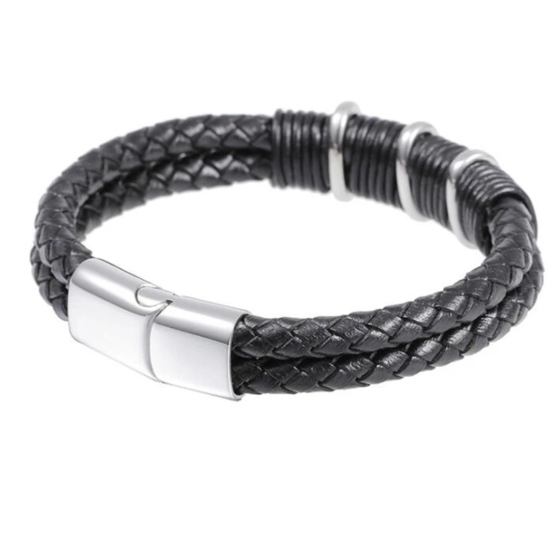 Wide Mens Weave Chain Wristband Leather Bracelet For Men Classic Retro